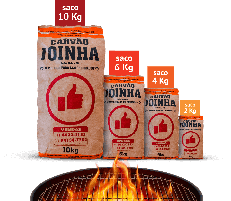 Tamanhos de Carvão Joinha: 2kg, 4kg, 6kg e 10kg